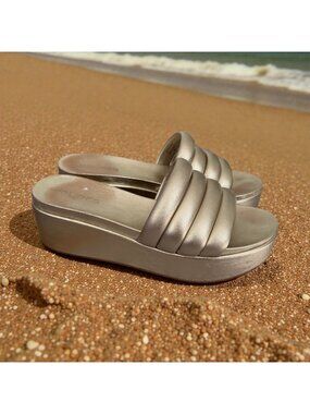 J SLIDES Gold Leather Platform Slides Sandals Size 10